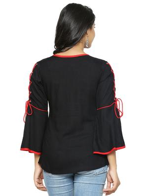 contrast criss cross tie up bell sleeved top - 16745453 - Standard Image - 3