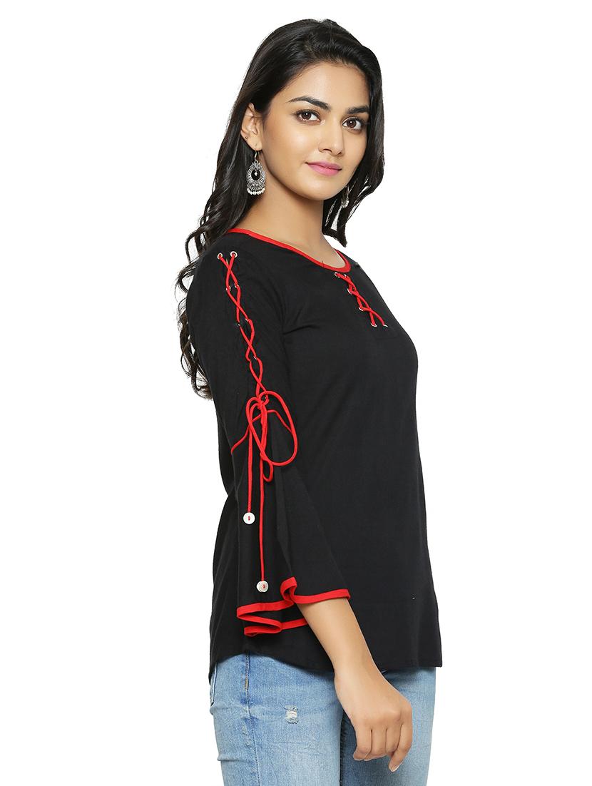 contrast criss cross tie up bell sleeved top - 16745453 - Zoom Image - 2