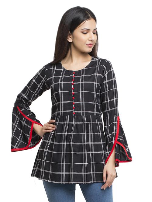 round neck bell sleeved checkered top - 16745457 - Standard Image - 1