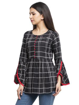 round neck bell sleeved checkered top - 16745457 - Standard Image - 2