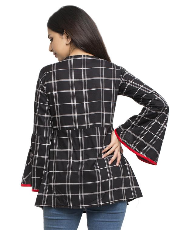round neck bell sleeved checkered top - 16745457 - Zoom Image - 3