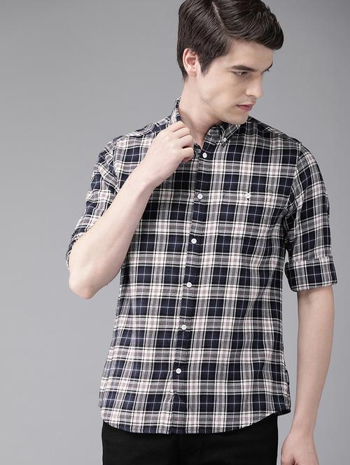 navy blue checkered casual shirt - 16745899 - Standard Image - 1