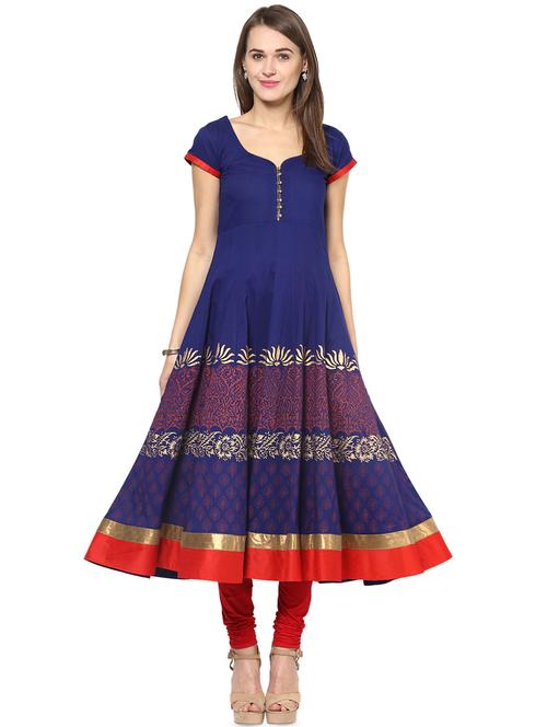 blue block print anarkali kurta - 16746494 - Standard Image - 1