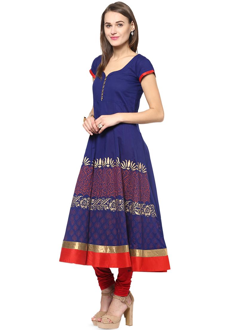 blue block print anarkali kurta - 16746494 - Zoom Image - 2