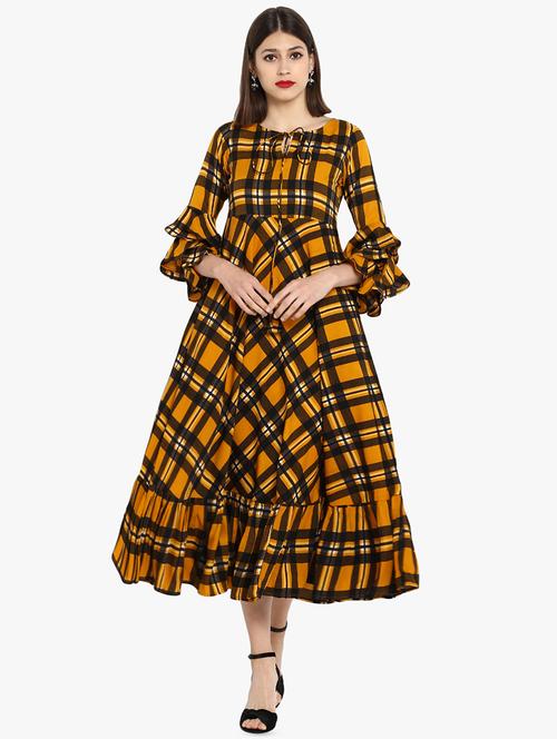 tie knot bell sleeved checkered dress - 16746552 - Standard Image - 1