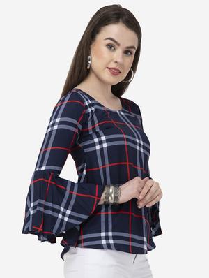 round neck bell sleeved plaid top - 16746606 - Standard Image - 2