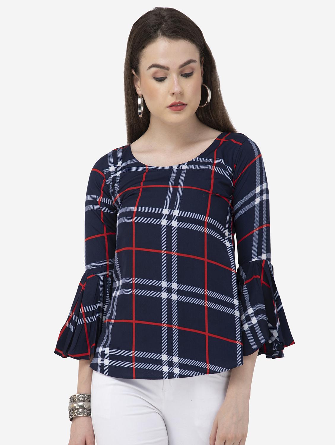 round neck bell sleeved plaid top - 16746606 - Zoom Image - 1