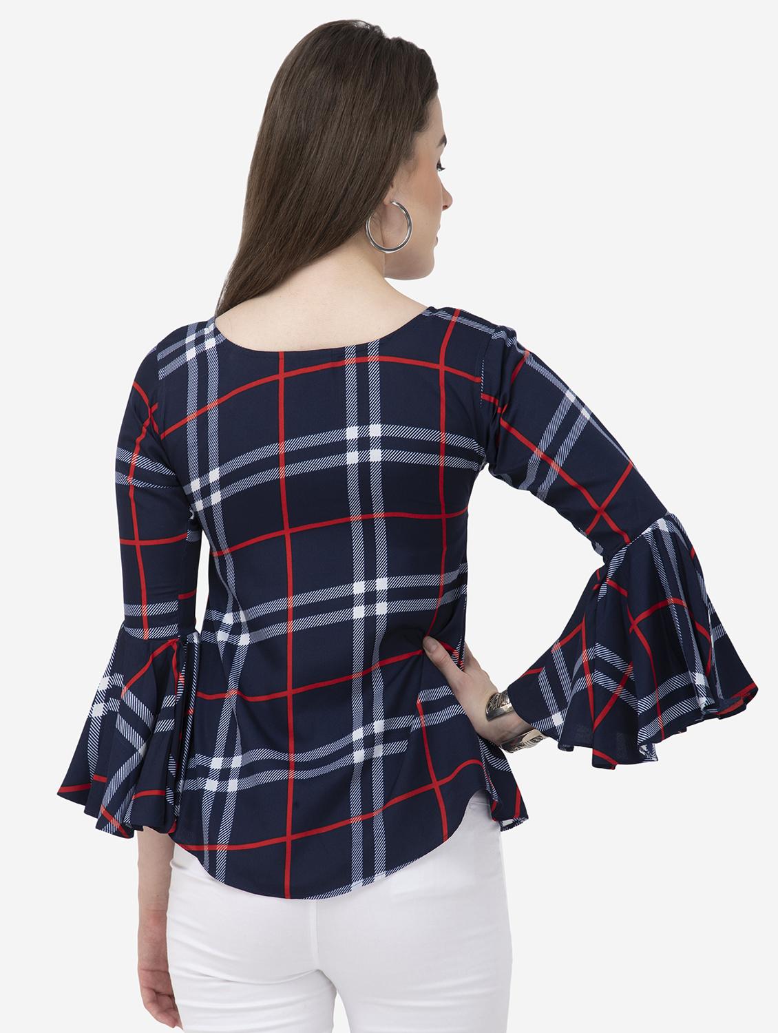 round neck bell sleeved plaid top - 16746606 - Zoom Image - 3