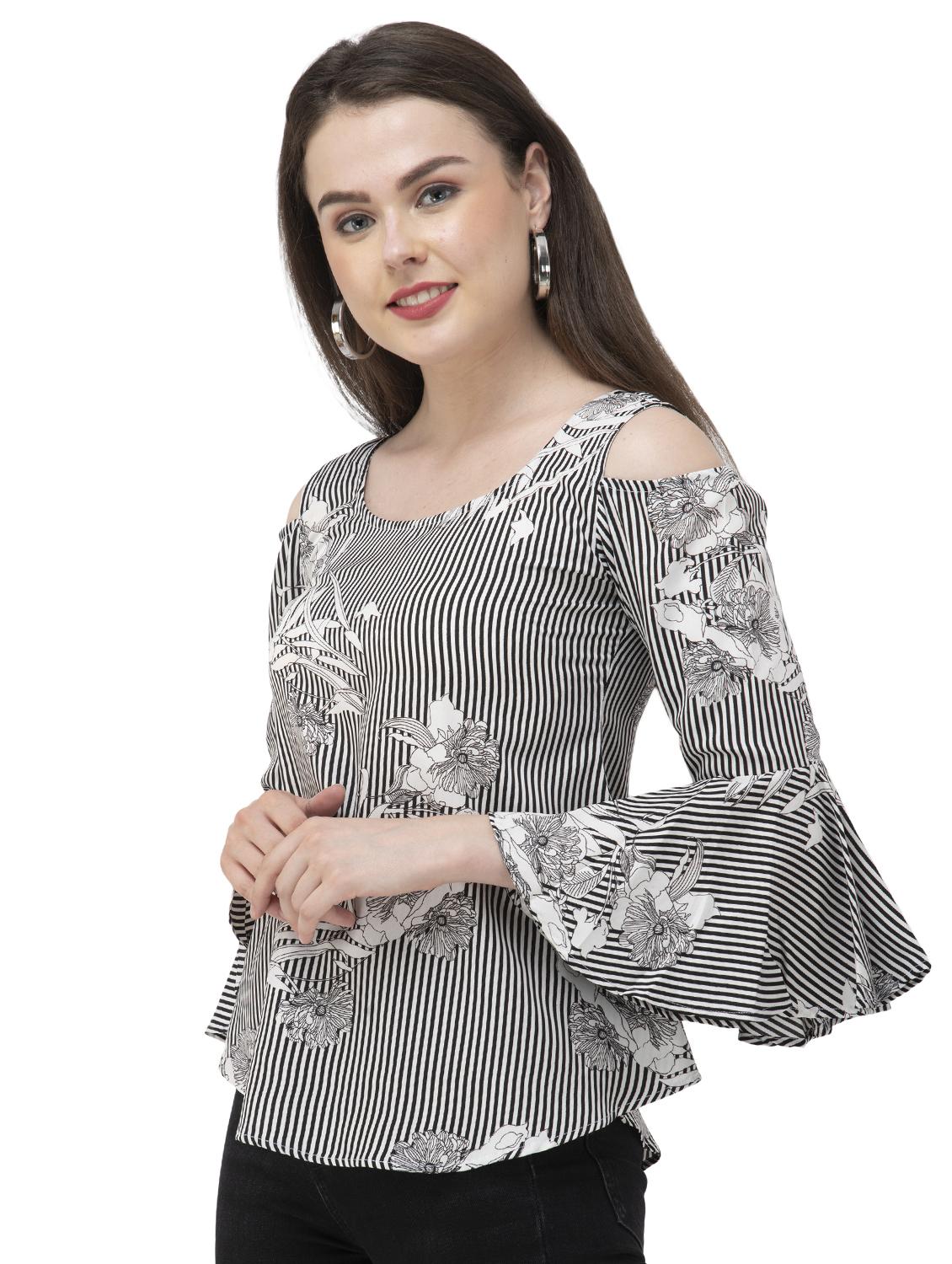 cold shoulder bell sleeved floral top - 16746616 - Zoom Image - 1