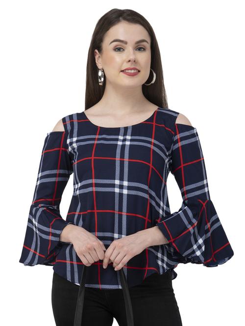 cold shoulder bell sleeved plaid top - 16746617 - Standard Image - 1