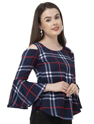 cold shoulder bell sleeved plaid top - 16746617 - Standard Image - 2