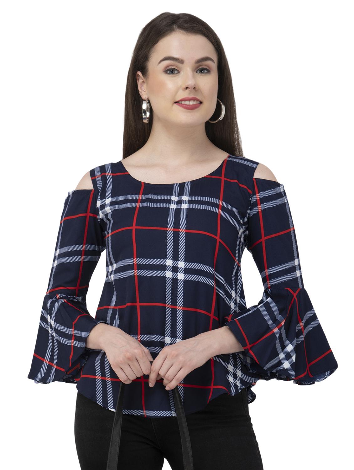 cold shoulder bell sleeved plaid top - 16746617 - Zoom Image - 1
