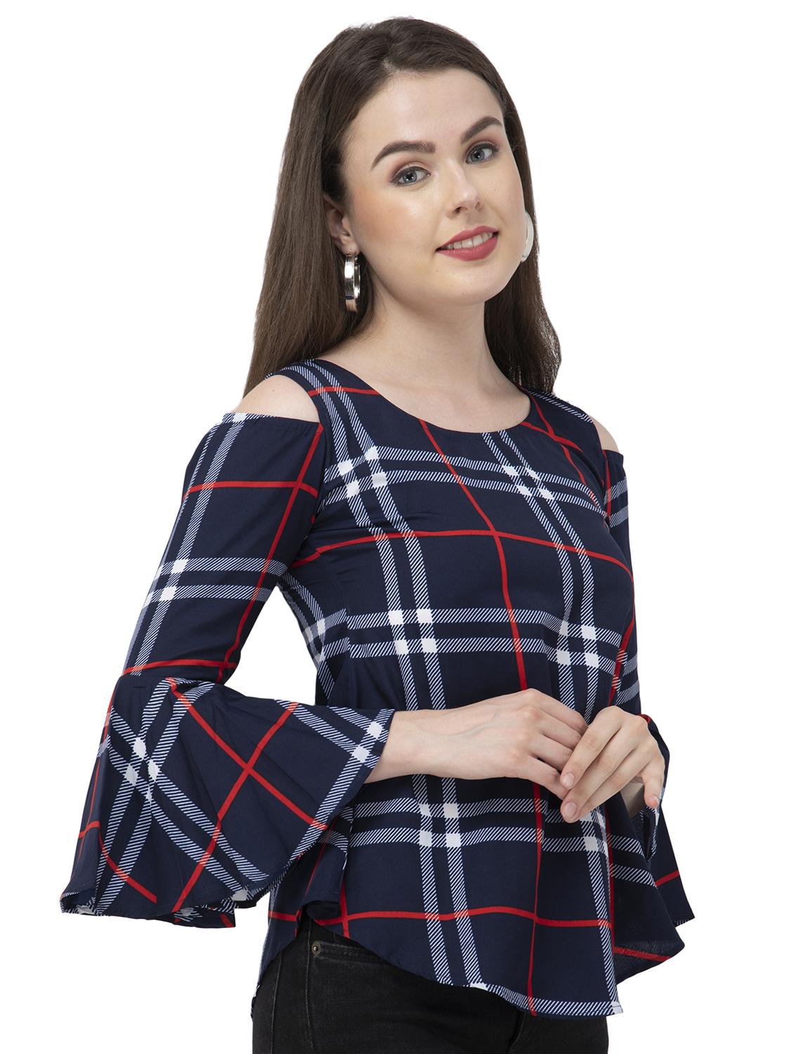 cold shoulder bell sleeved plaid top - 16746617 - Zoom Image - 2