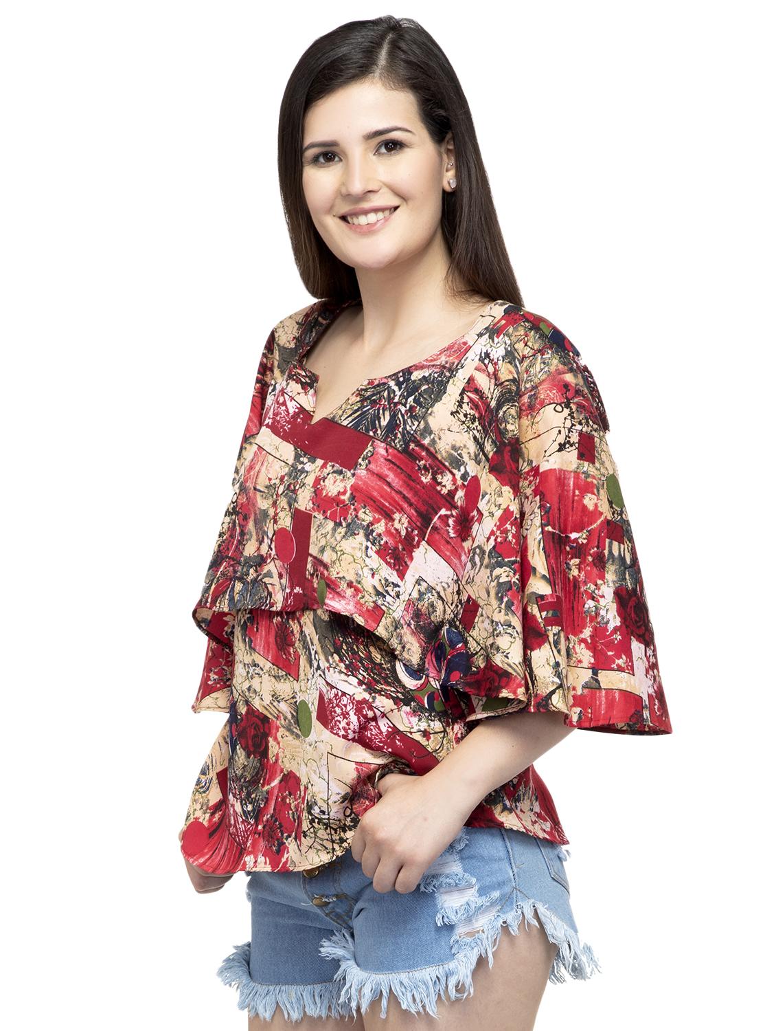 notch neck bell sleeved top - 16746632 - Zoom Image - 2