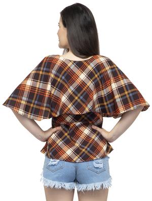 round neck cape sleeved plaid top - 16746633 - Standard Image - 3
