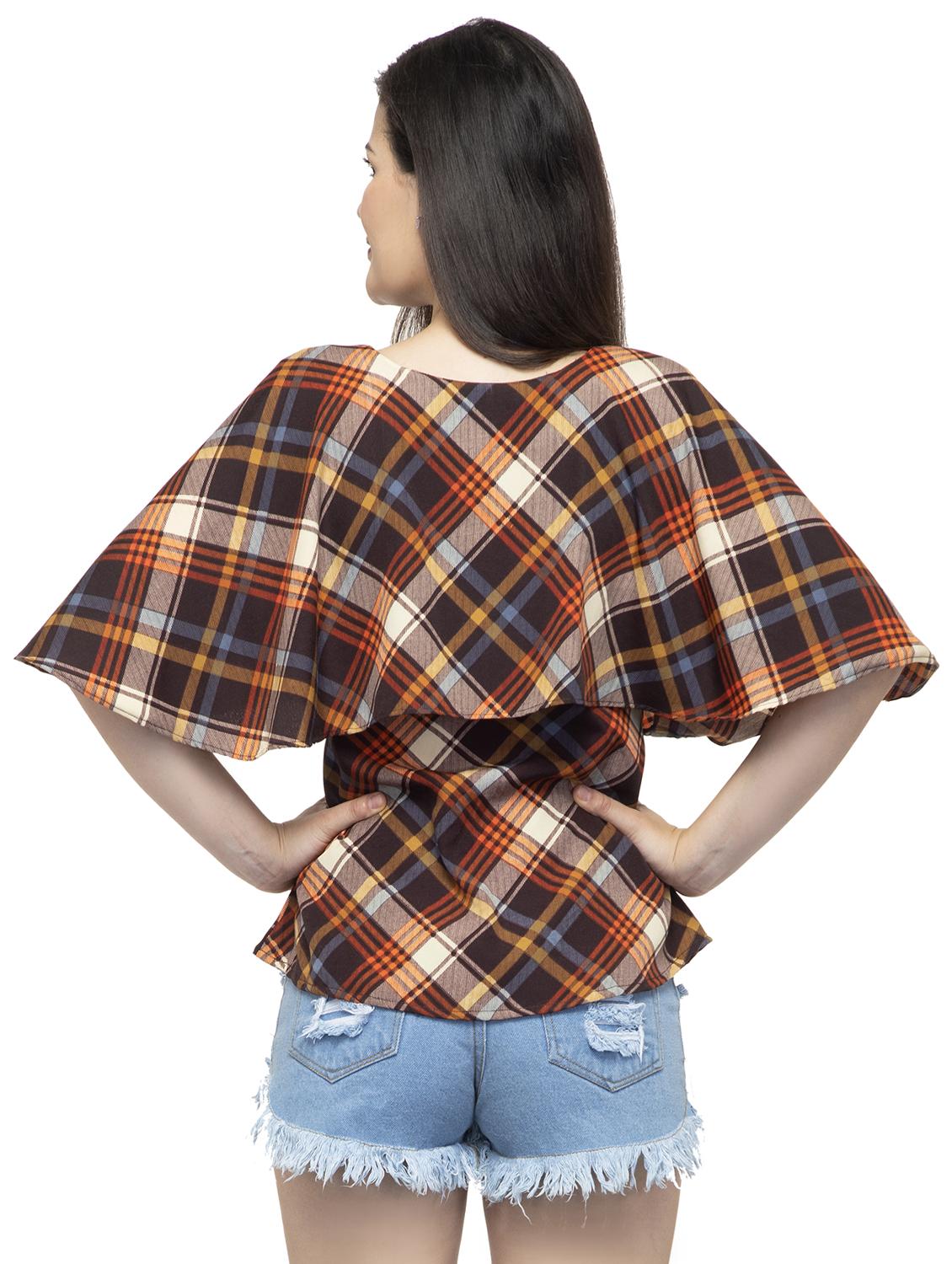 round neck cape sleeved plaid top - 16746633 - Zoom Image - 3