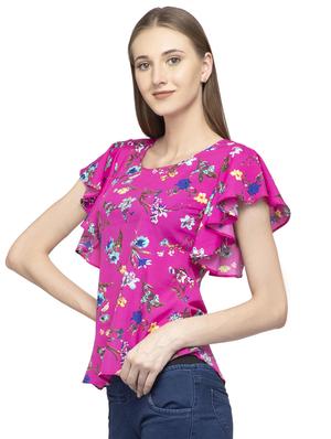 round neck ruffle detail floral top - 16746636 - Standard Image - 2
