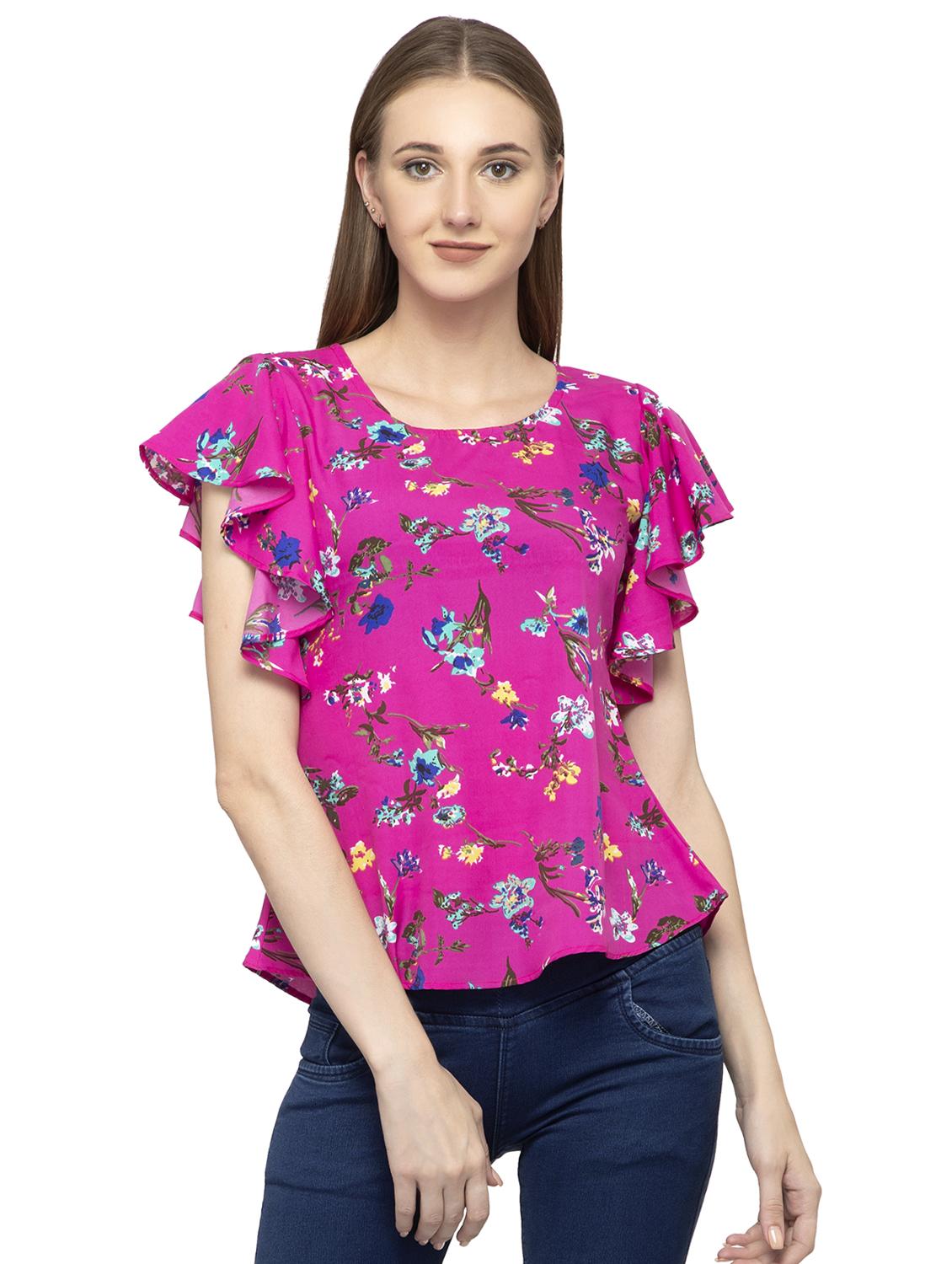round neck ruffle detail floral top - 16746636 - Zoom Image - 1