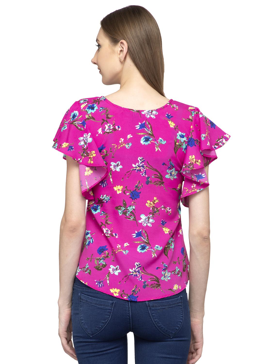 round neck ruffle detail floral top - 16746636 - Zoom Image - 3