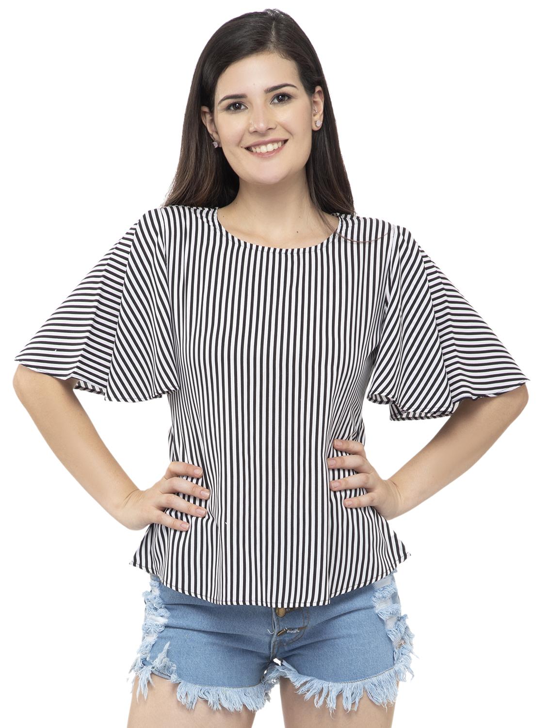 round neck bell sleeved striped top - 16746638 - Zoom Image - 1