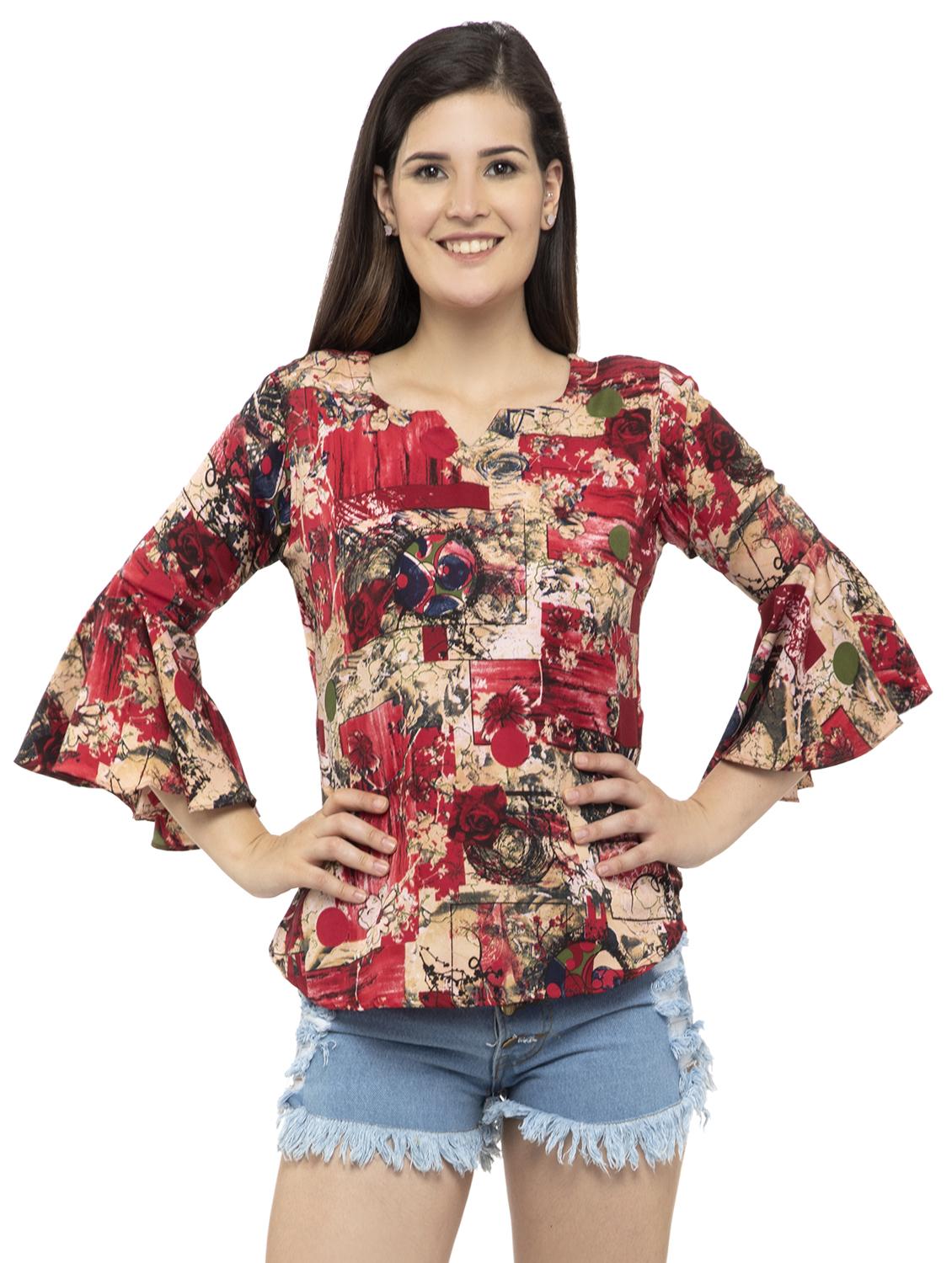 notch neck bell sleeved abstract top - 16746639 - Zoom Image - 1