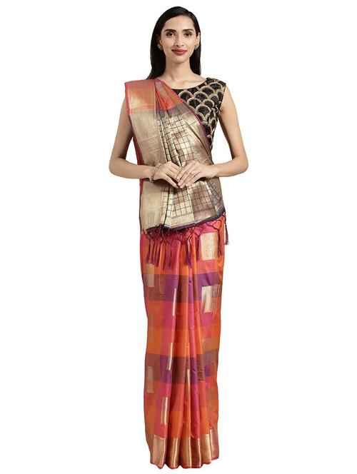 checkered kanjivaram saree with blouse - 16746848 - Standard Image - 1