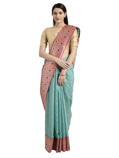 turquoise cotton blend banarasi saree with blouse - 16746942 - Standard Image - 1