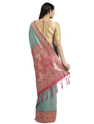 turquoise cotton blend banarasi saree with blouse - 16746942 - Standard Image - 2