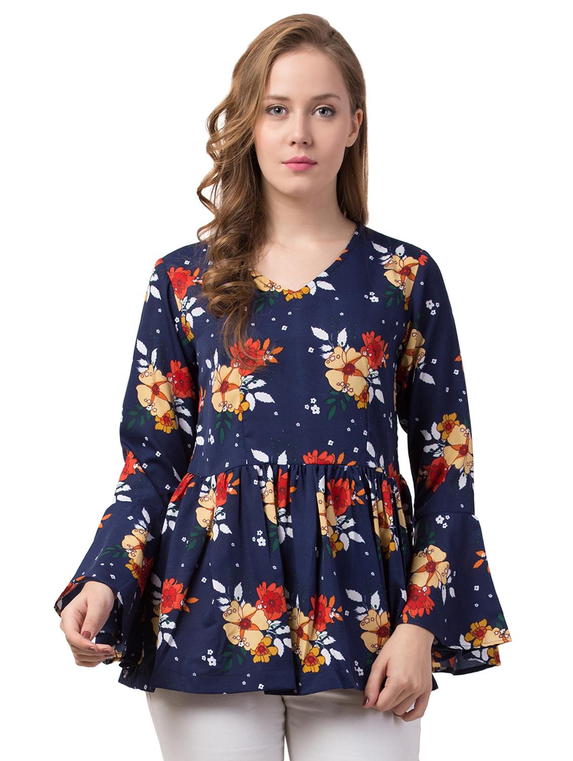 bell sleeved gathered floral top - 16749851 - Zoom Image - 1