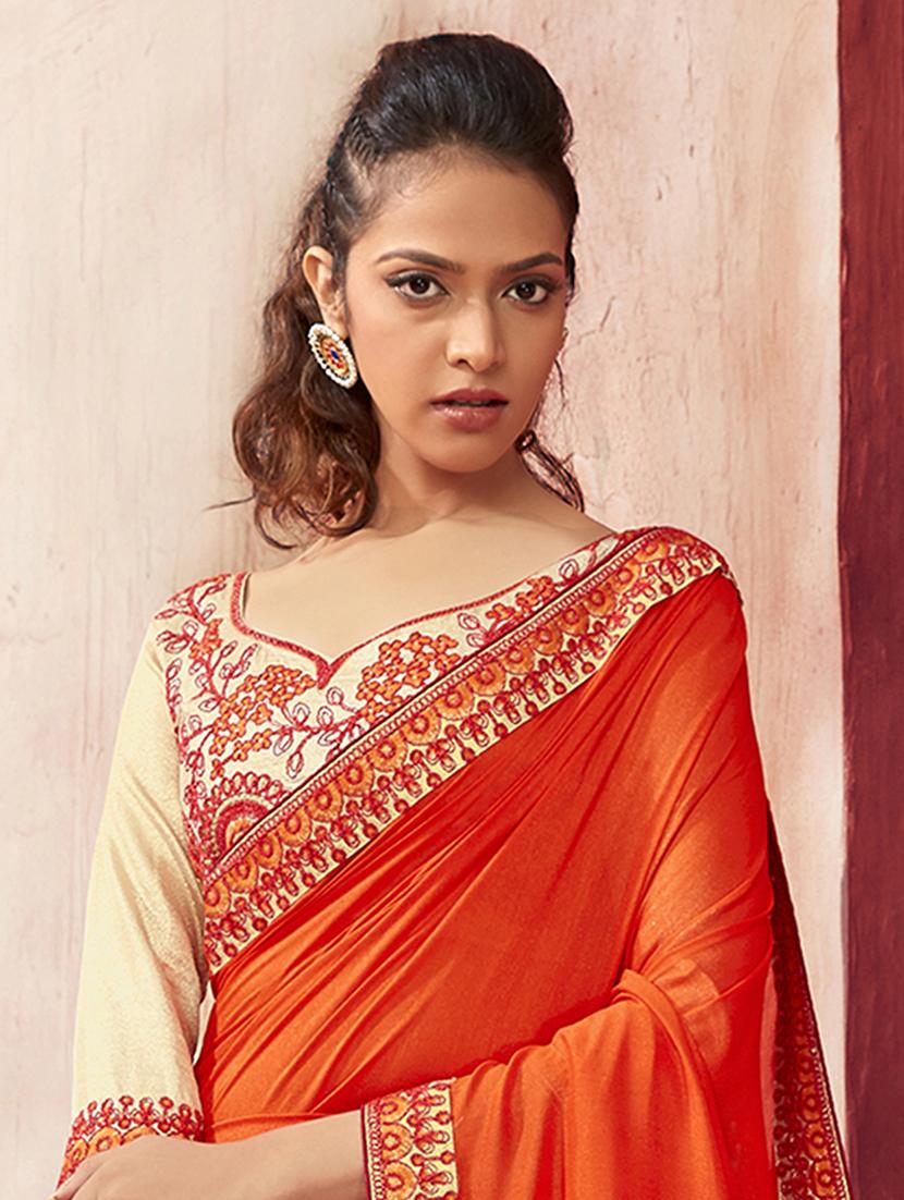bordered plain saree with blouse - 16749912 - Zoom Image - 2