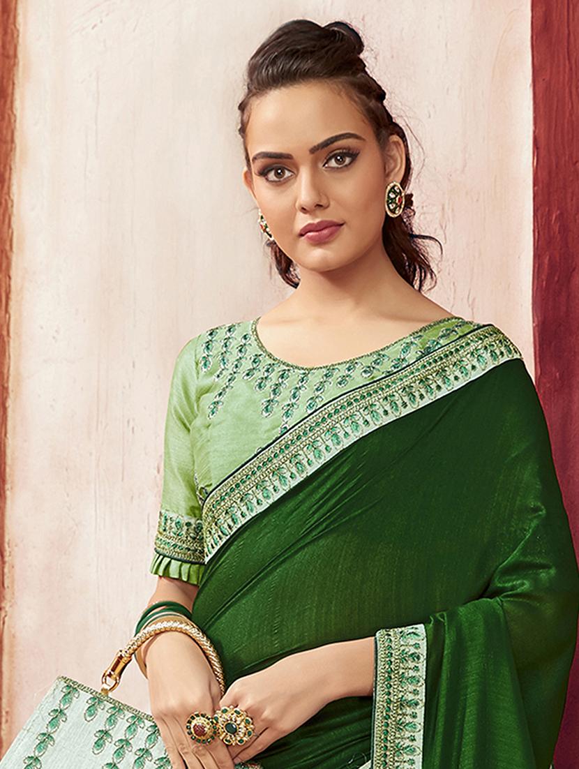 bordered plain saree with blouse - 16749913 - Zoom Image - 2