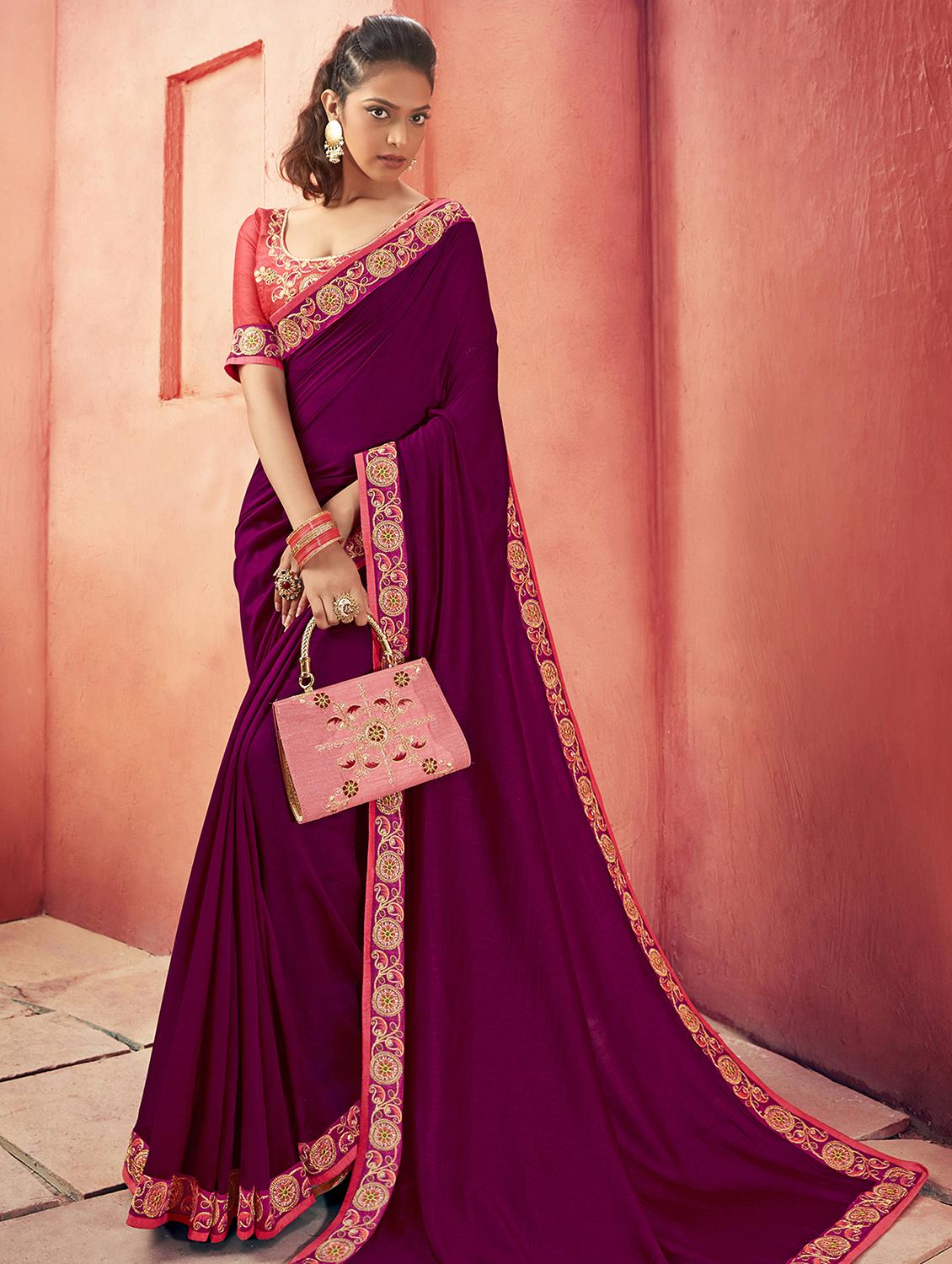 bordered plain saree with blouse - 16749918 - Zoom Image - 1