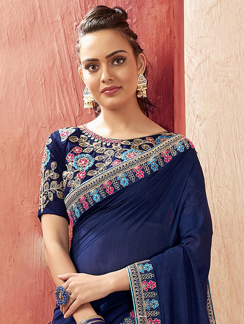 bordered plain saree with blouse - 16749919 - Zoom Image - 2