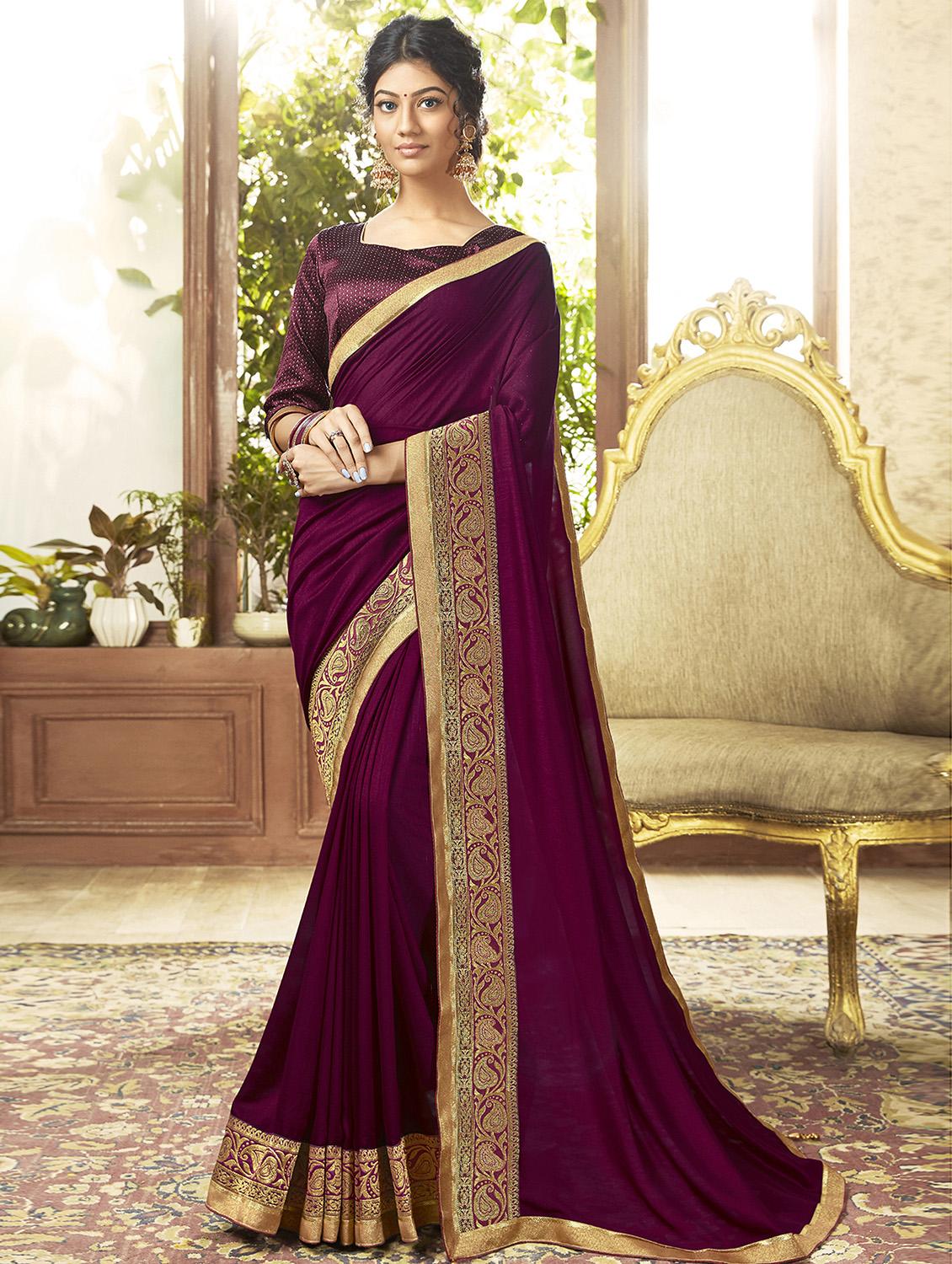 bordered plain saree with blouse - 16749923 - Zoom Image - 1