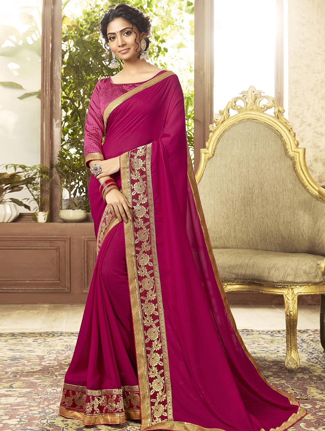 bordered plain saree with blouse - 16749924 - Zoom Image - 1