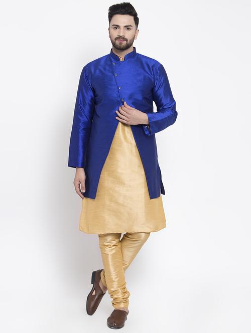 blue silk blend sherwani set - 16750161 - Standard Image - 1