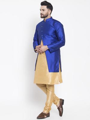 blue silk blend sherwani set - 16750161 - Standard Image - 2