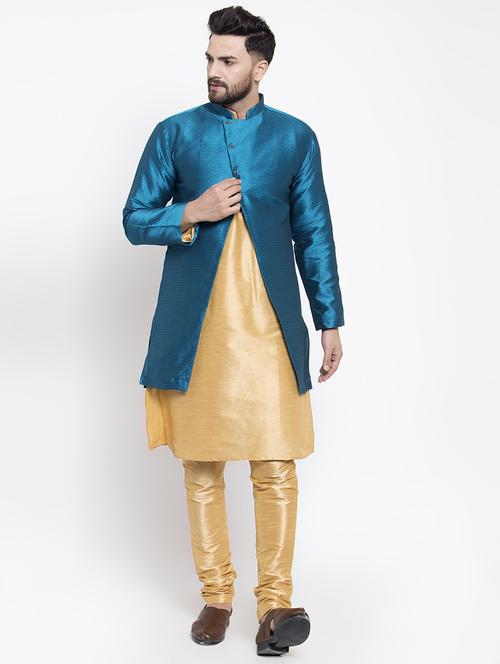 peacock blue silk blend sherwani set - 16750162 - Very Small Image - 1