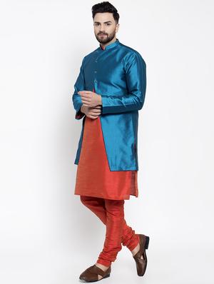 peacock blue silk blend sherwani set - 16750173 - Standard Image - 2