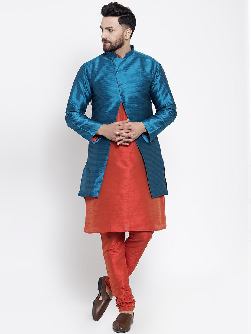 peacock blue silk blend sherwani set - 16750173 - Zoom Image - 1
