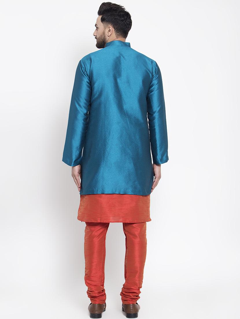 peacock blue silk blend sherwani set - 16750173 - Zoom Image - 3