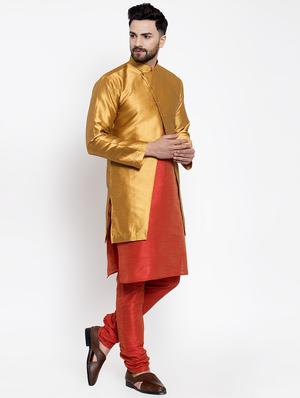 gold silk blend sherwani set - 16750174 - Standard Image - 2