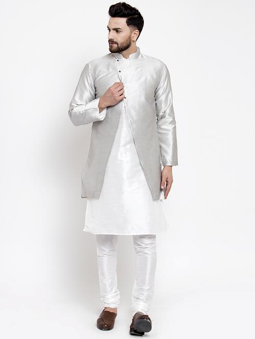 silver silk blend sherwani set - 16750191 - Standard Image - 1