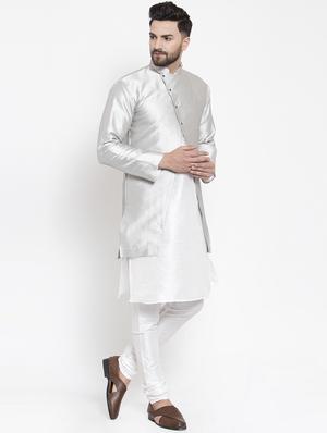 silver silk blend sherwani set - 16750191 - Standard Image - 2