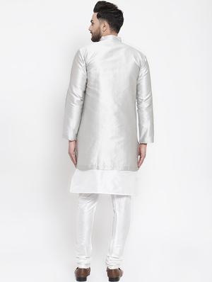 silver silk blend sherwani set - 16750191 - Standard Image - 3