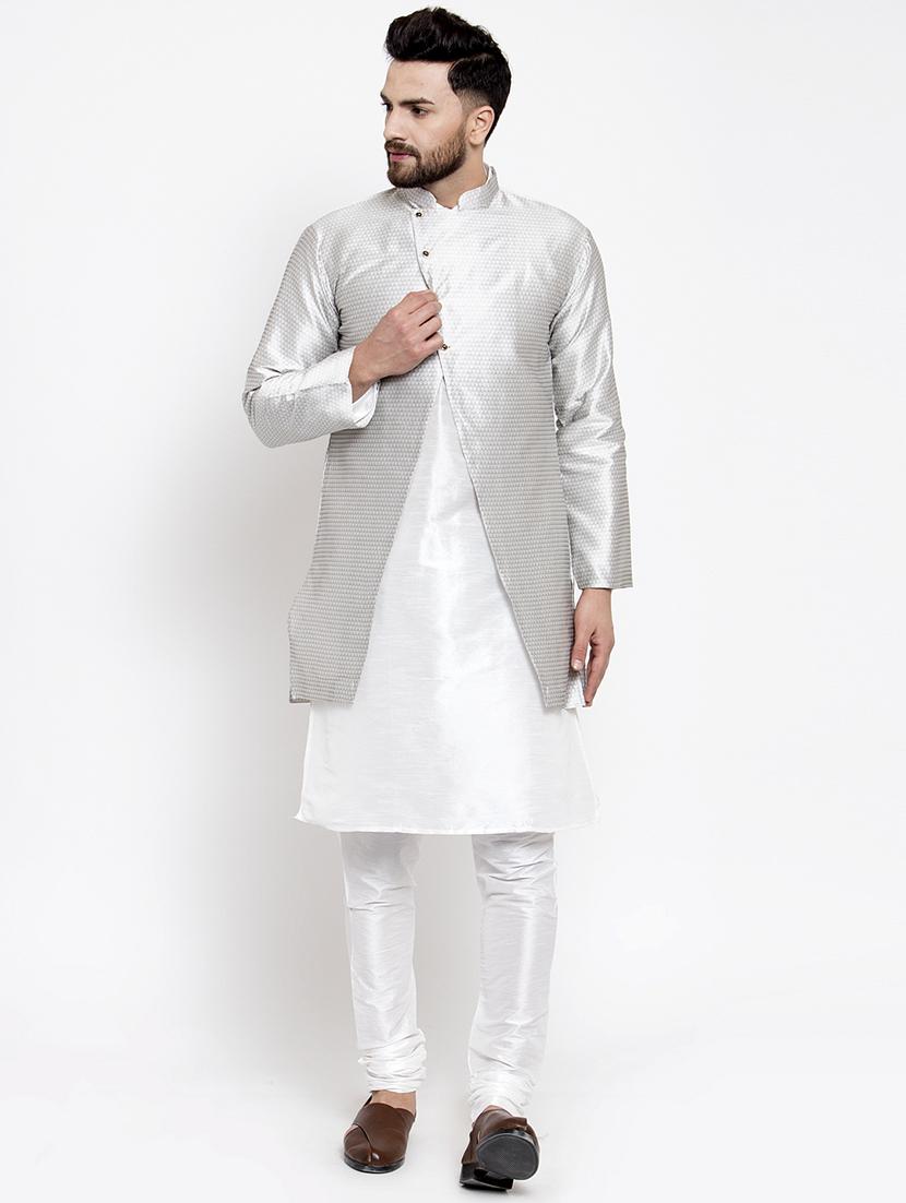 silver silk blend sherwani set - 16750191 - Zoom Image - 1