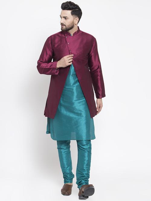 maroon silk blend sherwani set - 16750203 - Standard Image - 1