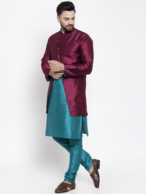 maroon silk blend sherwani set - 16750203 - Standard Image - 2