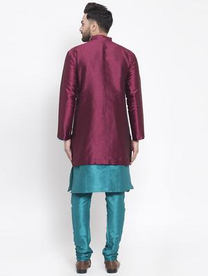 maroon silk blend sherwani set - 16750203 - Standard Image - 3
