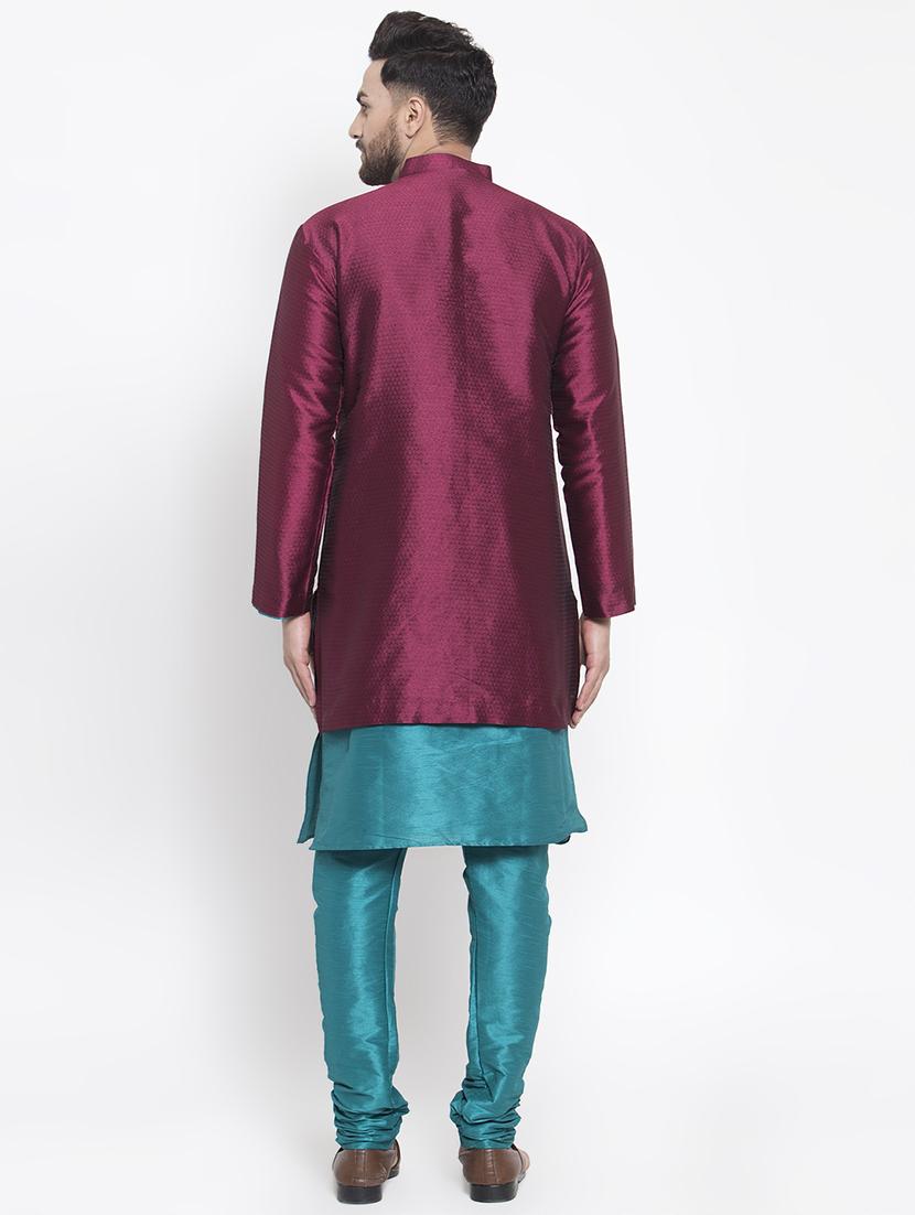 maroon silk blend sherwani set - 16750203 - Zoom Image - 3